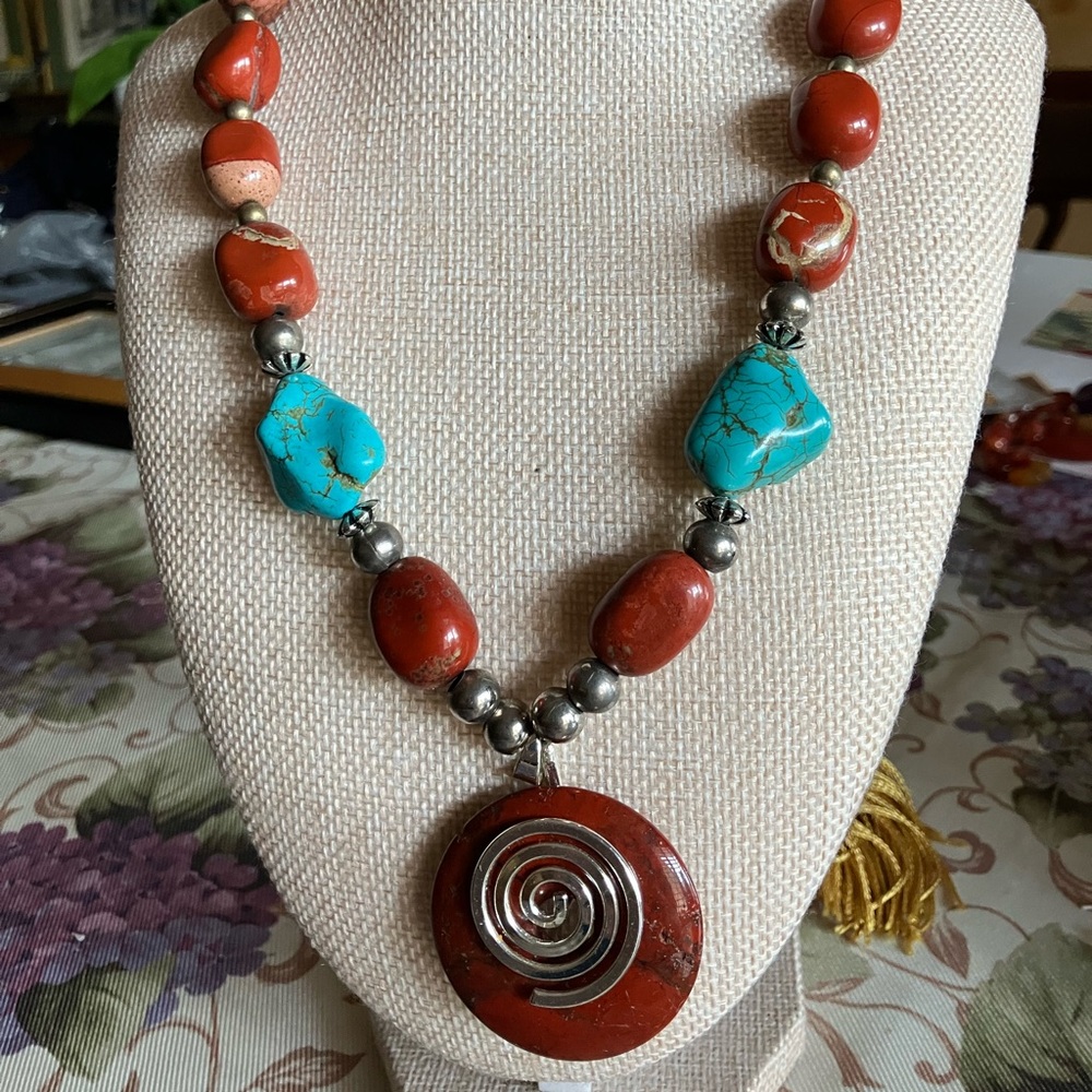 RED JASPER AND AUTHENTIC TURQUOISE SILVER ACCENTS WITH TURQ EARRINGS - Picture 1 of 13